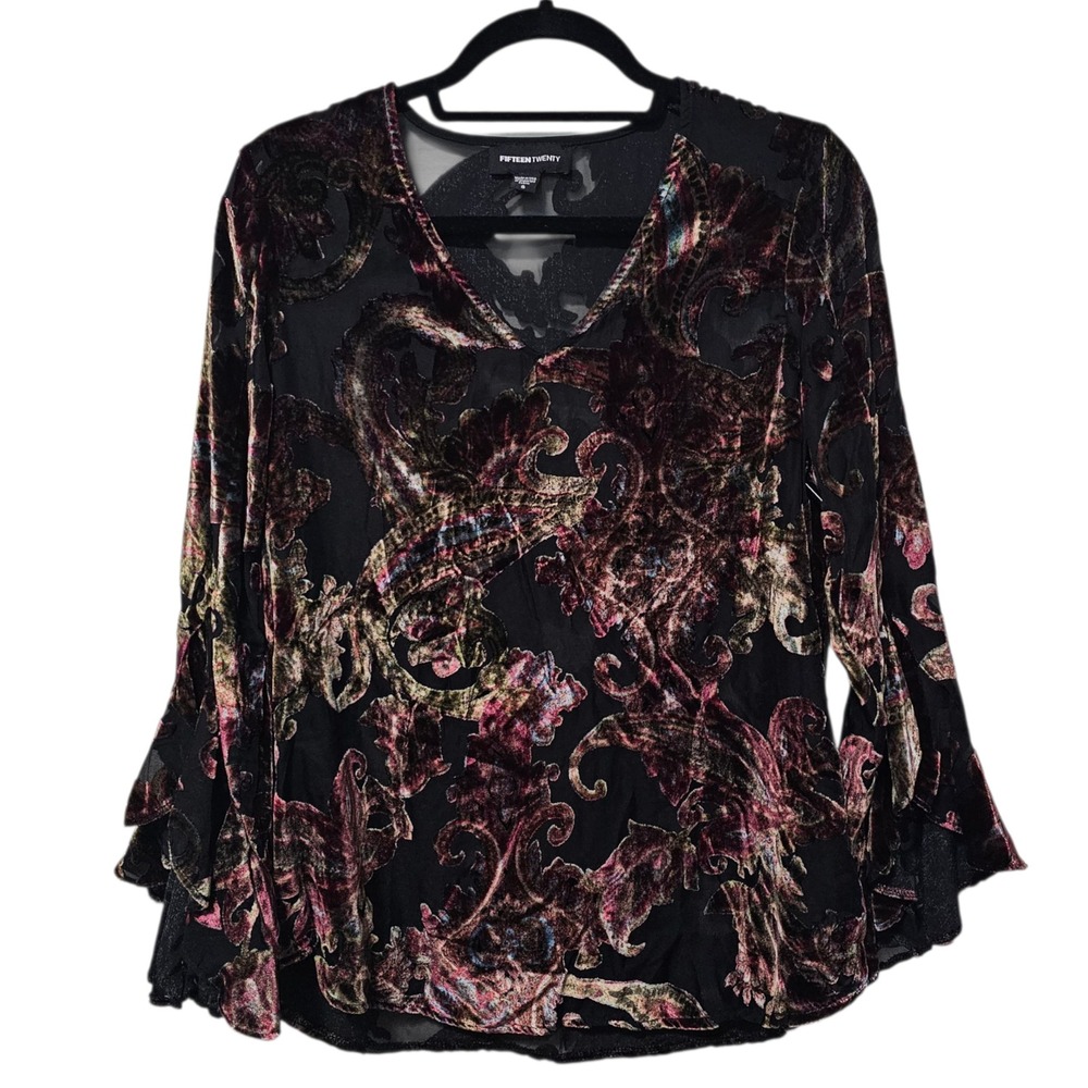 Fifteen Twenty S Velvet Burnout Blouse Black Pink Long Bell Sleeve Whimsygoth‎